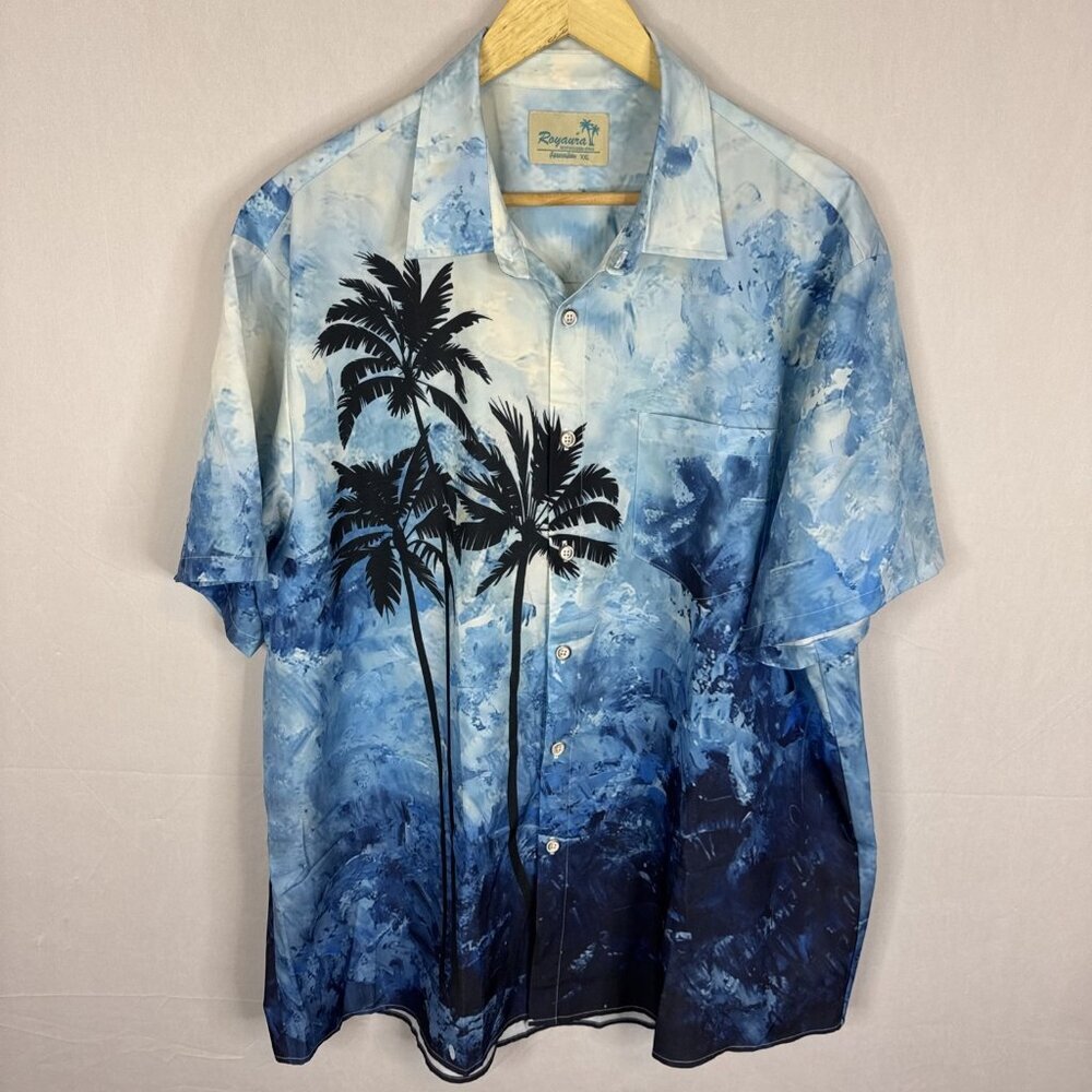 Royaura Hawaiian Shirt Men’s XXL Blue Palm Tree Ocean‎ Print Rayon